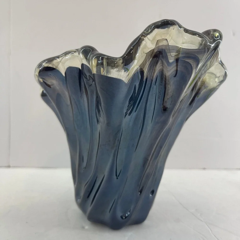 VTG Murano Style‎ Handkerchief Art Glass Vase Brown Swirl Ruffle Hand Blown